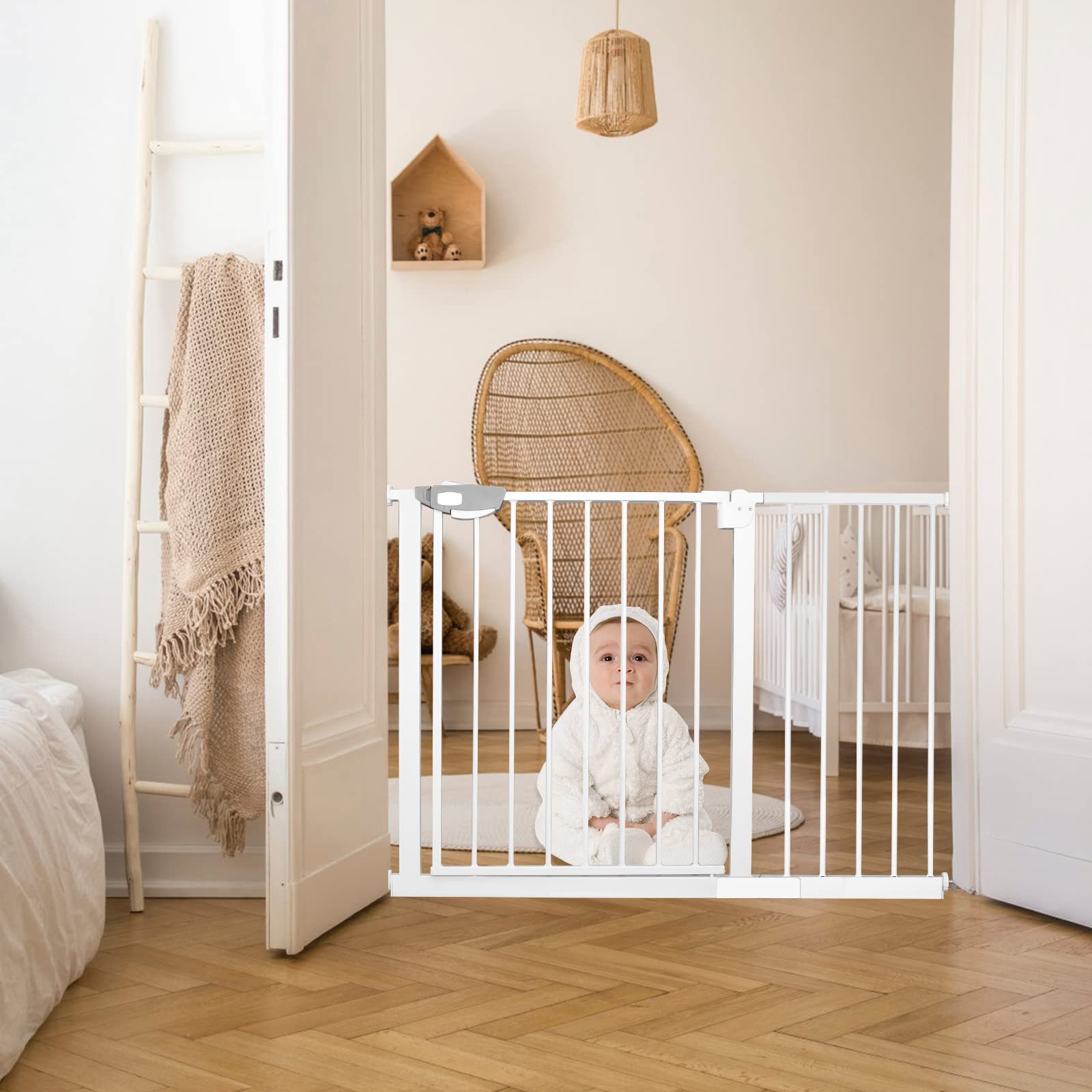 Froadp 77cm Barreras Seguridad para Puertas del Bebé, Clamp-On Protector Extensiones para Escaleras sin la Perforación, Blanco Vallas Automática del Niño, Cercados para Perros Infantil (105-115cm)