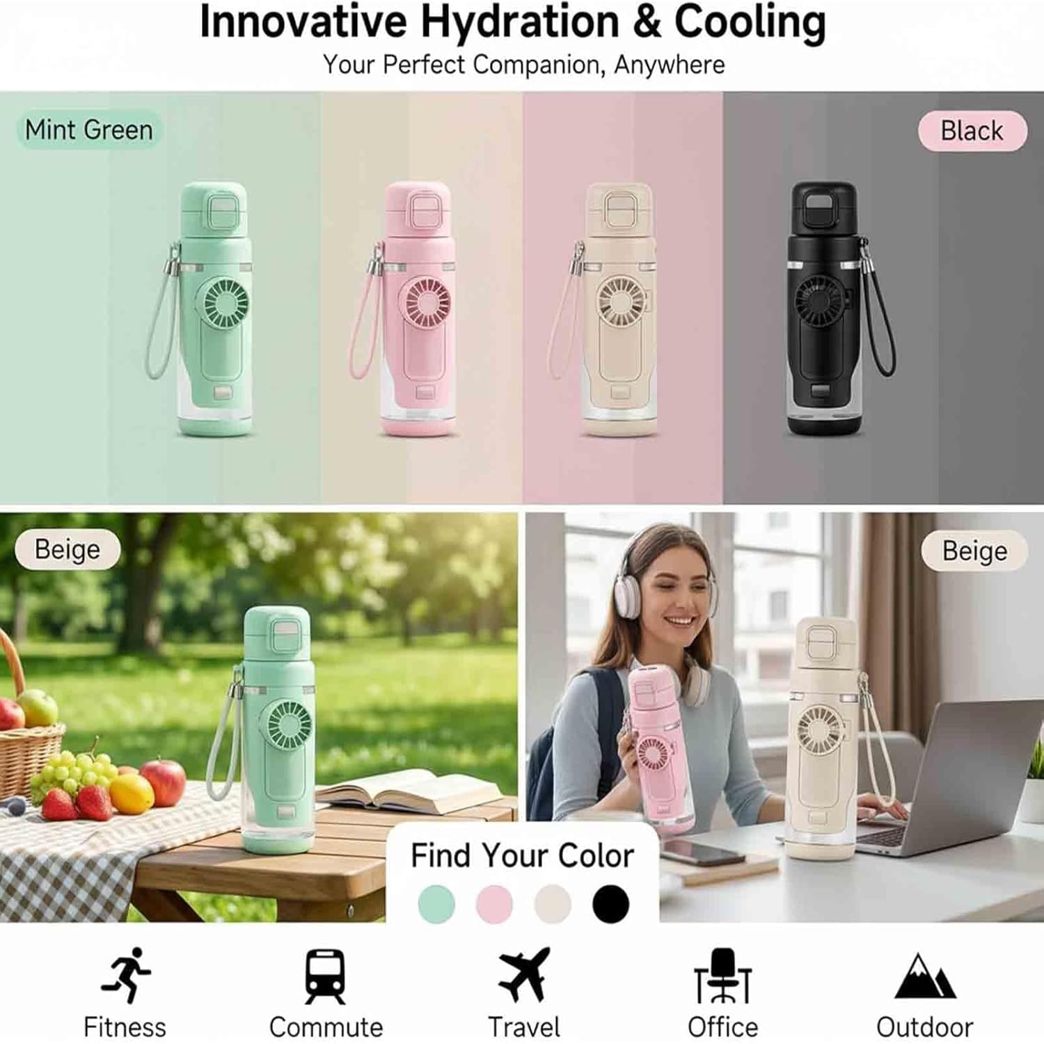 2-in-1-Wasserflasche mit eingebautem, faltbarem Ventilator, 690 ml, tragbare Dual-Trinkflasche, mit 3-Gang-Ventilator, für Reisen, Fitnessstudio, Wandern und Outdoor