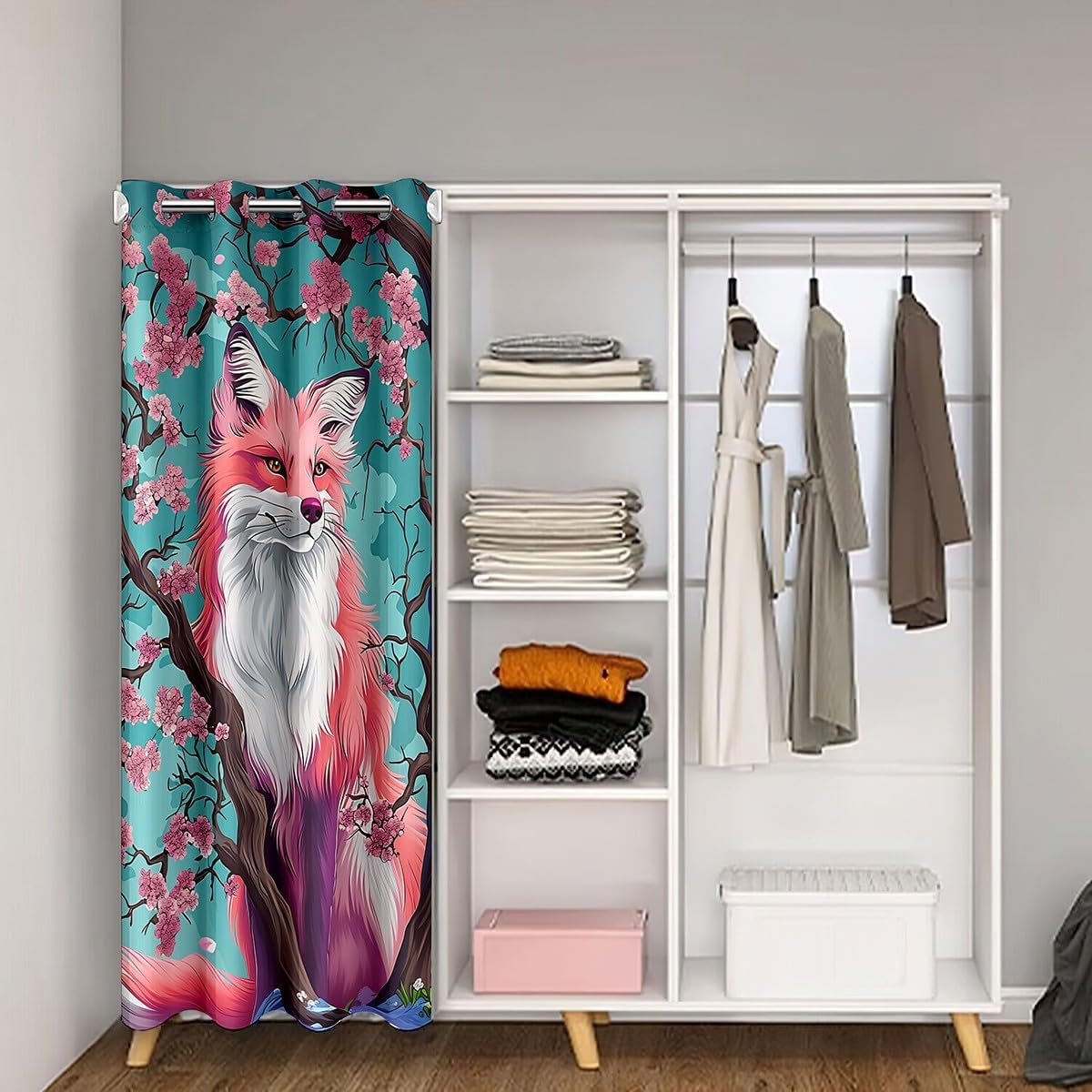 Feelyou Fox Doorway Curtain Privacy 1 Panel, 42"x80" Cherry Blossoms Door Cover Curtain Japanese Style 30%-50% Room Darkening Blackout Curtain Cute Kawaii Animal Pattern Sakura Flower Door Curtain