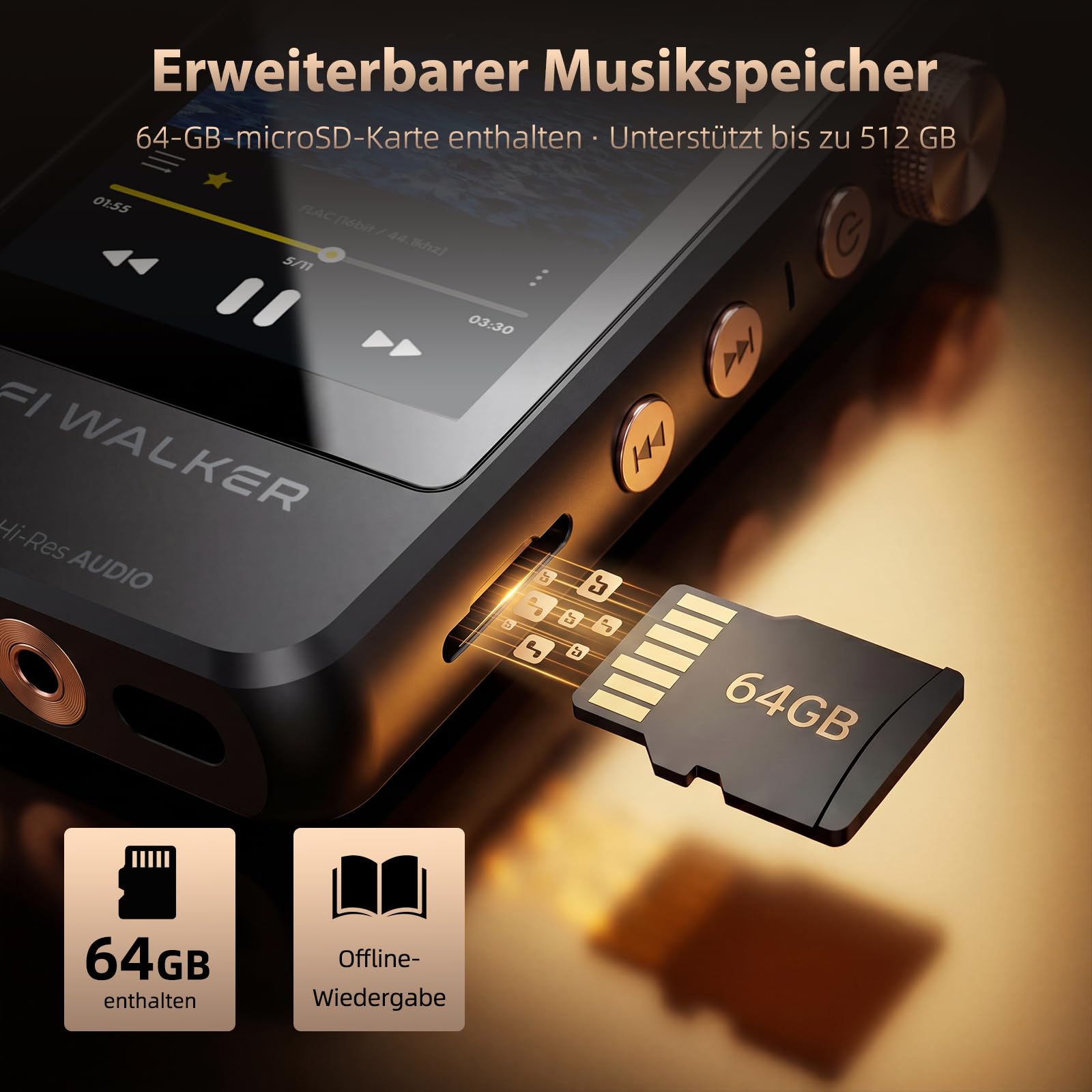 HIFI WALKER H20 Pro Hi-Res MP3 Player mit Bluetooth, 64GB microSD Karte, Lossless Musikplayer mit Dual ESS DAC, 4,4mm Balanced Ausgang, 3,2 Zoll Touchscreen, USB DAC, DSD FLAC WAV