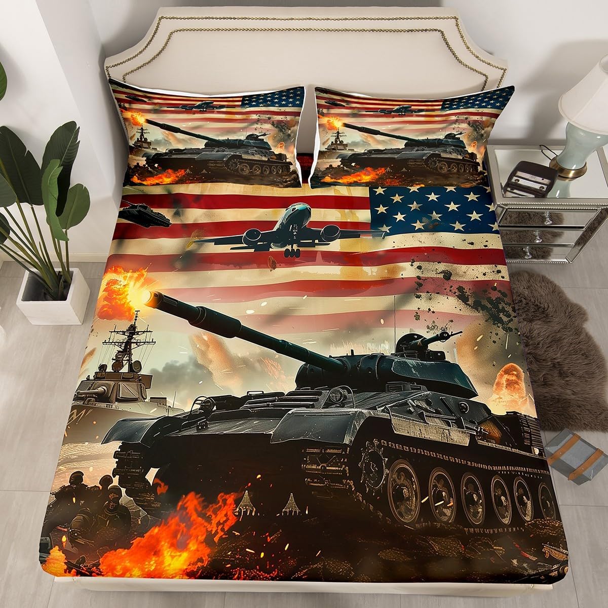 American Flag Fitted Bed Sheets Tank Gun Bedding Sets Military Theme Fitted Sheet Set For Teen Boys Adults Men Camouflage Bedroom Fighter Plane National Flag Aircraft Deep Pocket 2 Pieces Twin Size