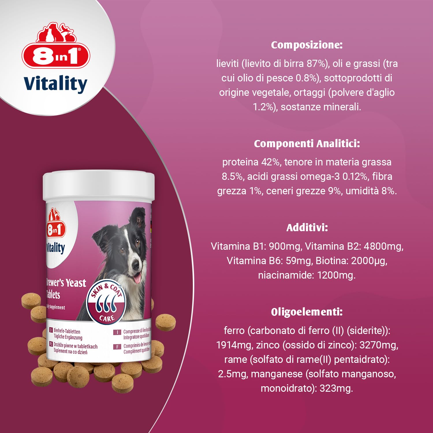 8in1 Compresse di Lievito di Birra per cani - Combinazione unica di vitamine per tutti i cani, supporta la cura della pelle e del pelo, 1 lattina (260 compresse)