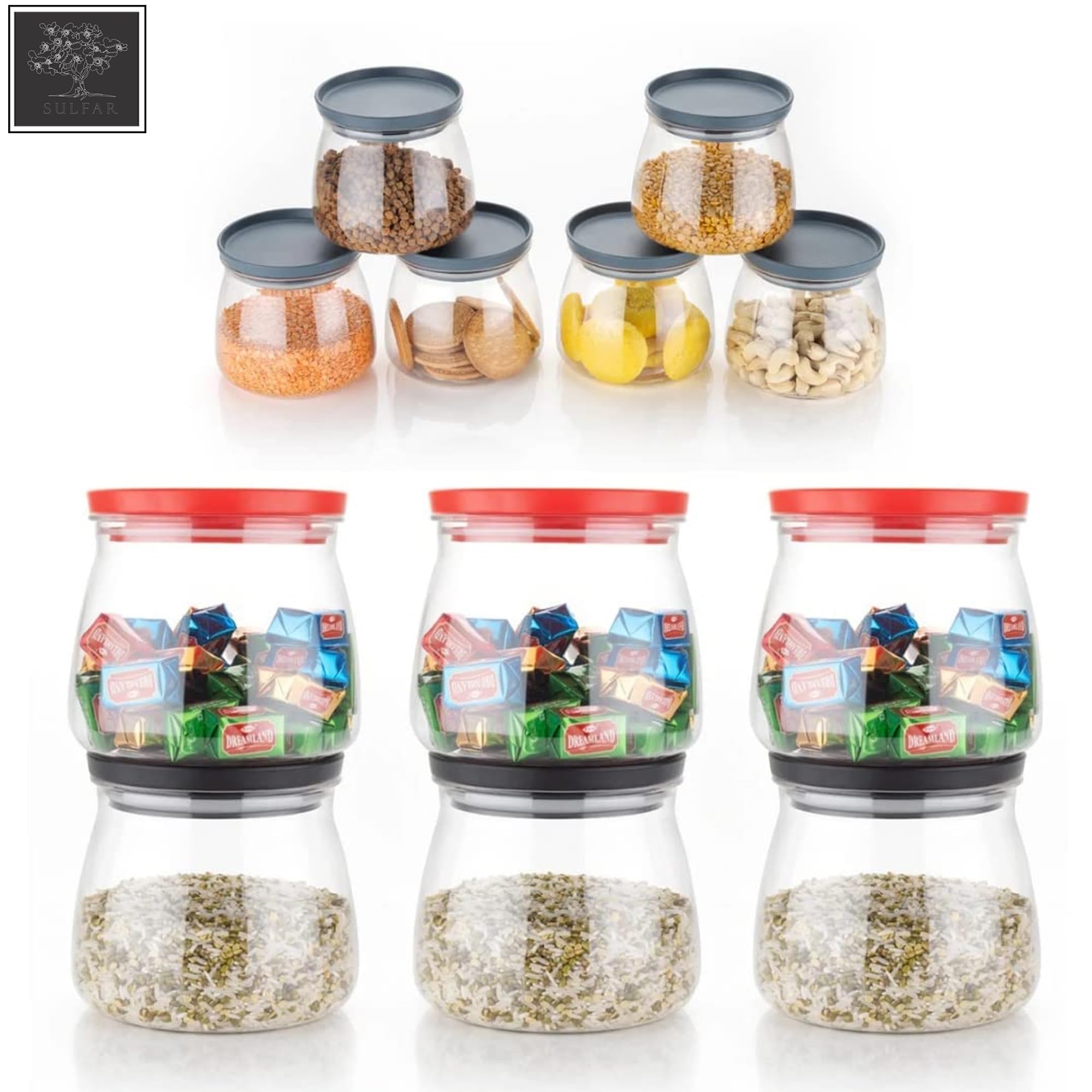 Sulfar Crystal Clear Matka Shaped Glass Jar with Air Tight and Leak Proof Red Colour Plastic lid Jar for Masala, Dry Fruit and Kitchen Canister 900ml Pack of (6 pcs), Multicolor, Large (2286) 3