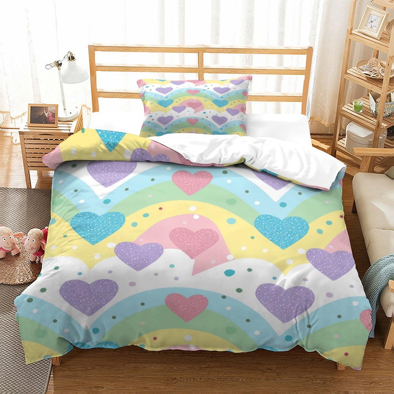 P1S9U7W5Y 3D Printed Rainbow Heart Duvet Cover Set 3pcs Microfiber Colorful Hearts Bedding Set Single（135x200cm）