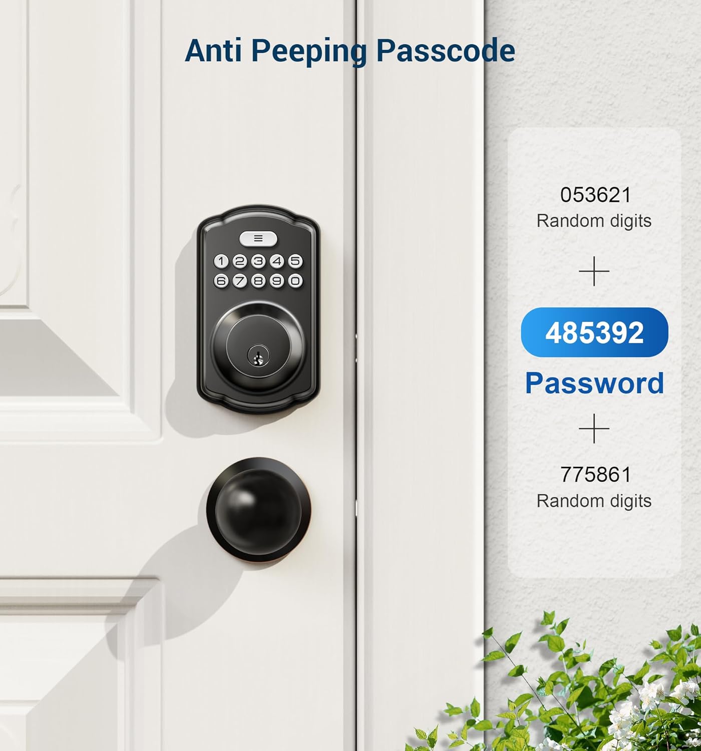 Diagram showing how to use the anti-peeping passcode feature on the Veise keyless door lock by adding random digits before and after the actual password.