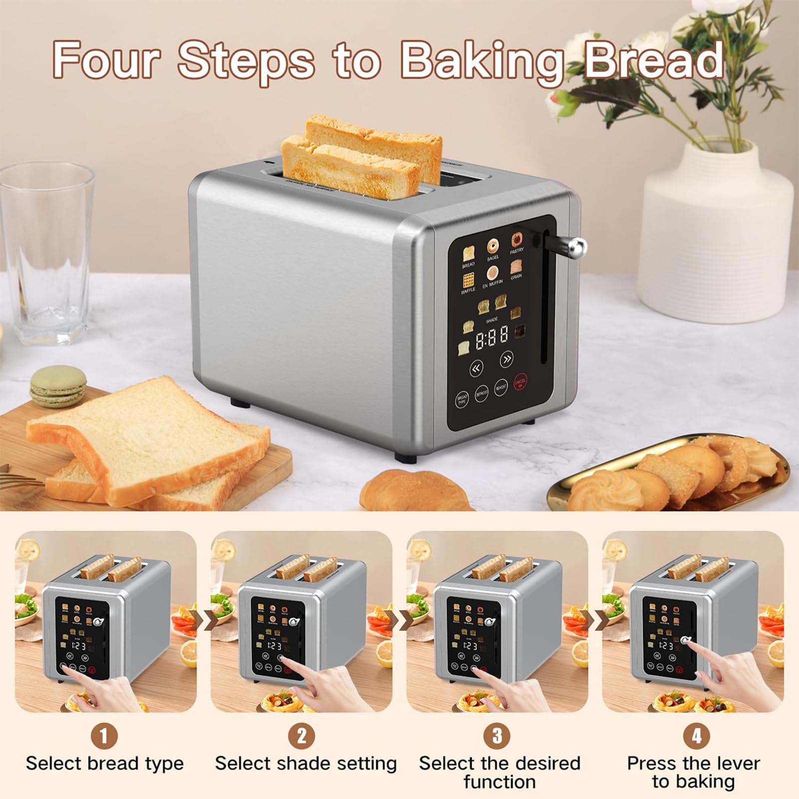 Tostadora inteligente, tostadora emergente con pantalla táctil de acero inoxidable, ranuras extraanchas de 1,5 pulgadas, 6 ajustes de tostado, con función de sonido y temporizador digital, para bufés,