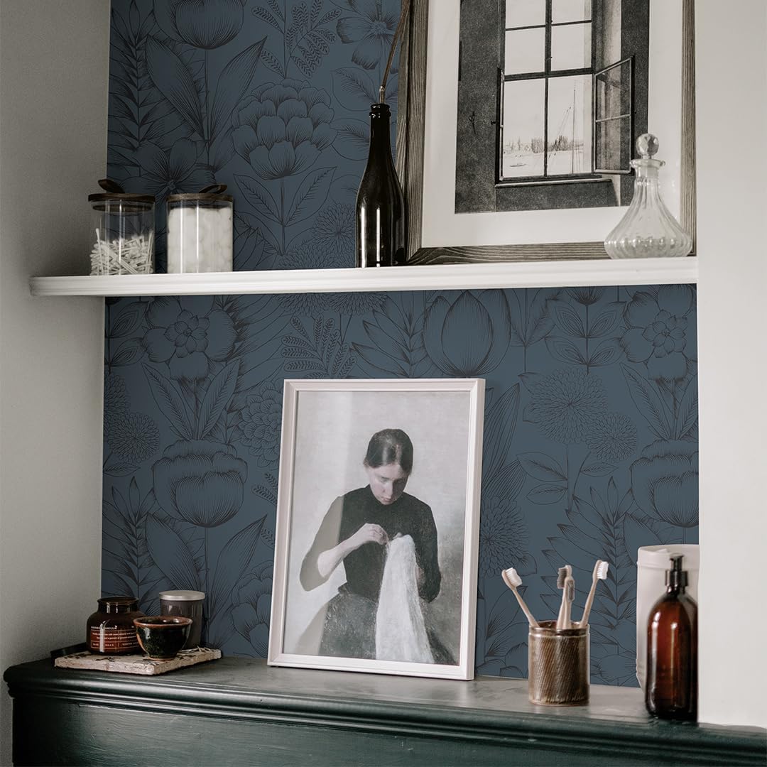 Tempaper Metallic Blue Homestead Floral Removable Peel and Stick Wallpaper, 20.5 in X 16.5 ft, Made in The USA