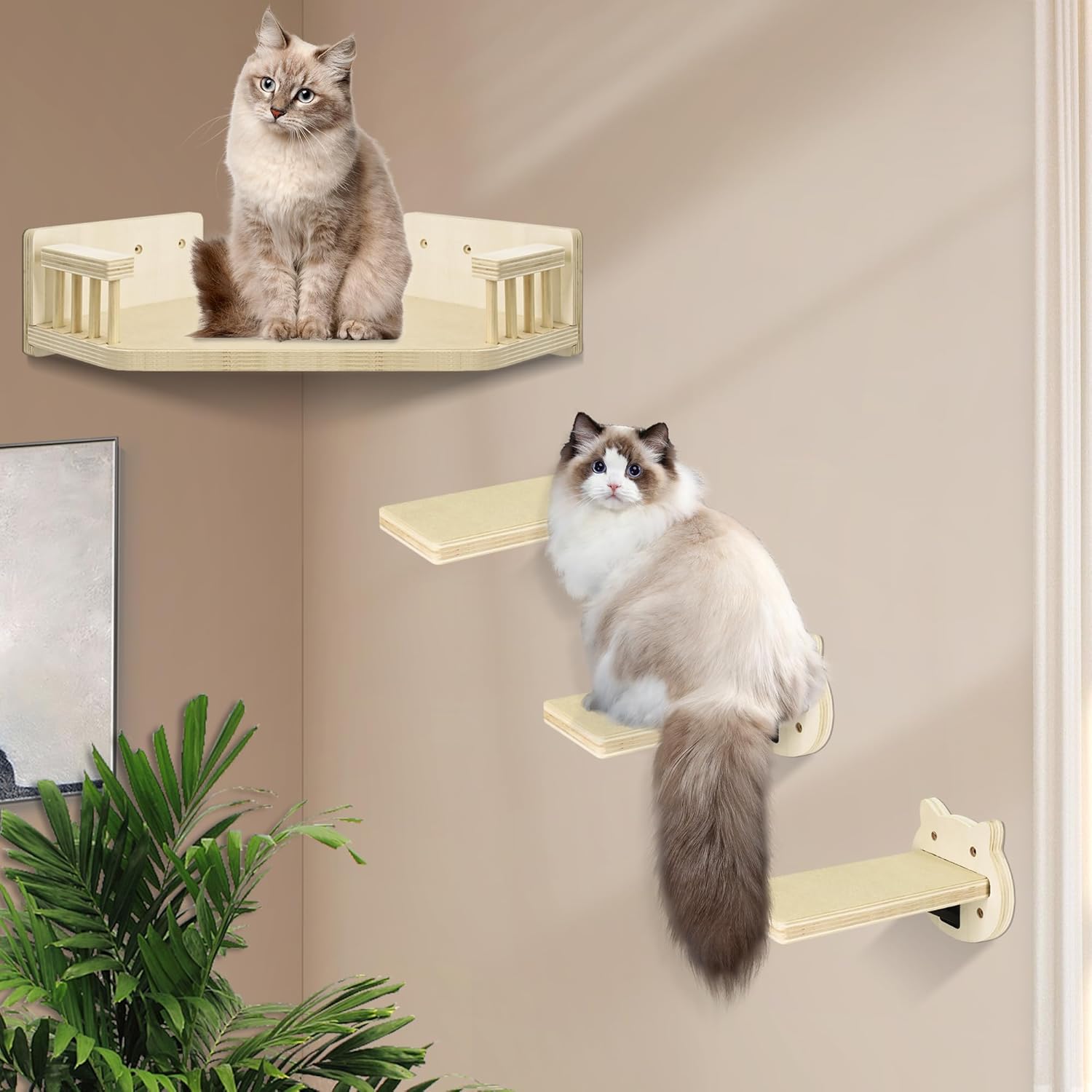 review Cat Wall Shelves, Corner Cat Shelves and Perches for Wall, Cat Wall Furniture Cat Shelf with 3 Steps, Wall Mounted Cat Hammock Cat Bed with Plush Covered, Wood Cat Climbing Shelf for Indoor