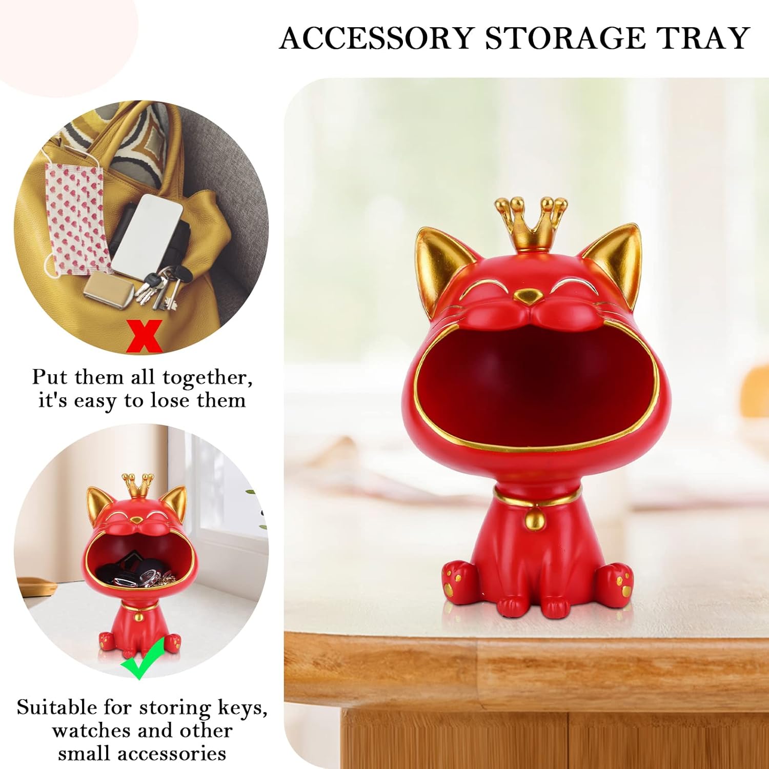 Key Bowl for Entryway Table, Lucky Cat Statue Candy Dish for Office Desk Art Home Décor