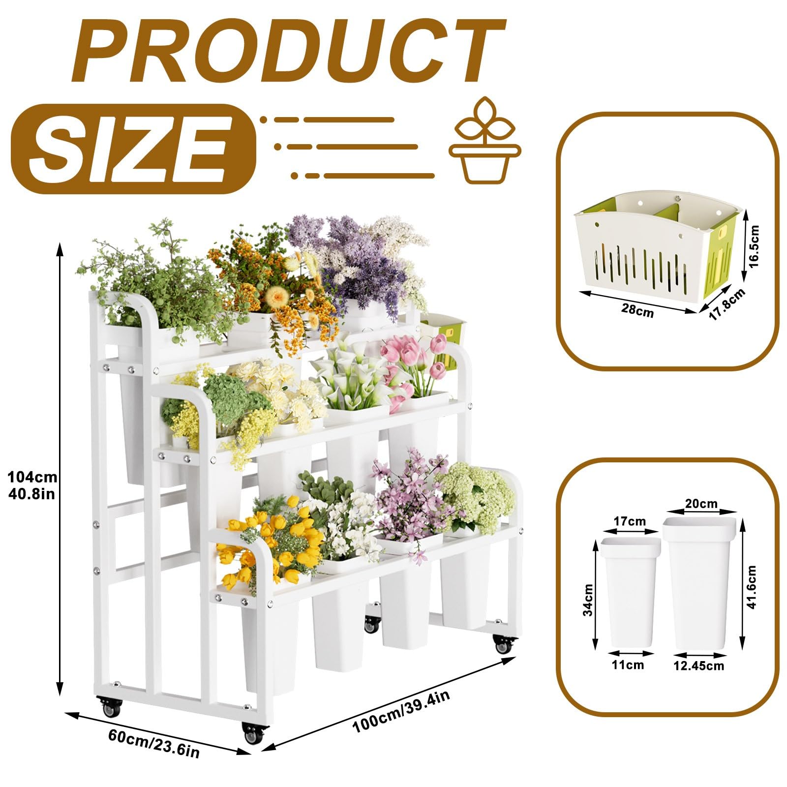 Espositore per Fiori a 3 Livelli, Carrello Fiorista con Ruote per Negozio Giardino