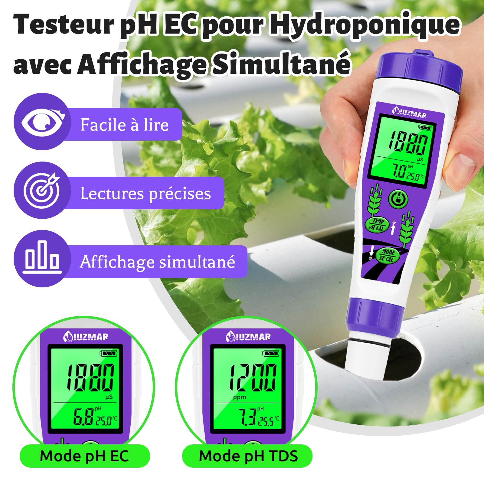 UIUZMAR pH EC Mètre pour L'eau Affichage Simultané pH TDS Temp Testeur | Appareil Numérique 4 en 1 pour Mesurer le pH/TDS/EC/Température de L'eau pour Hydroponique Piscine, Aquarium