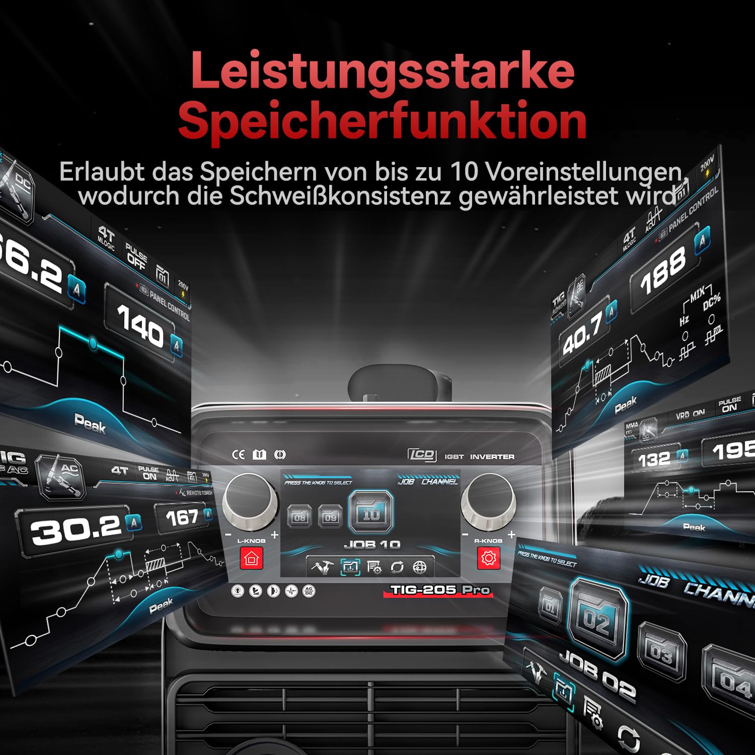 ANDELI 10-in-1 Aluminium TIG WIG schweißgerät AC DC, Fußpedal, 205A LCD, Puls Rechteck Sinus Trapezwelle, Kalt Punktschweißung, 230V, TIG-205 PRO