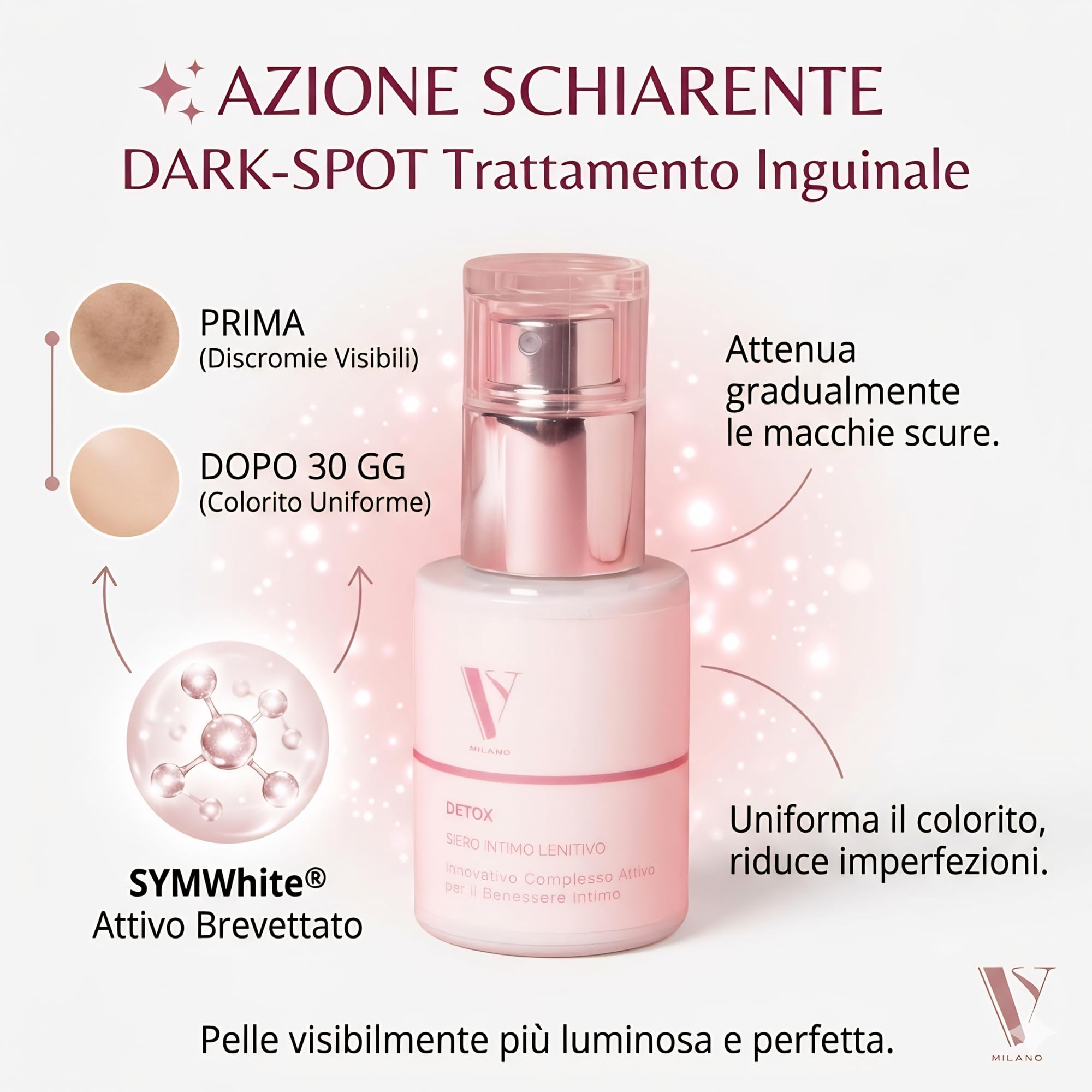 Siero Intimo Lenitivo DETOX 15ml - Anti Irritazione, Rossore e Prurito Post Depilazione e Rasatura - Schiarente Macchie Zone Intime Dark-Spot SymWhite - Contrasta Follicolite - 98% Naturale