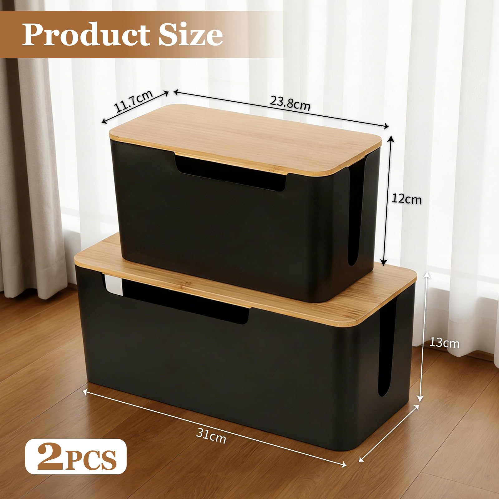 AiQInu Set da 2 Scatola Porta Cavi Nera, Scatola Nascondi Cavi con Coperchio in Legno, Copri Ciabatta Elettrica, Cable Box per Fili Elettrici​ di Prolunga, Prese Multiple e TV