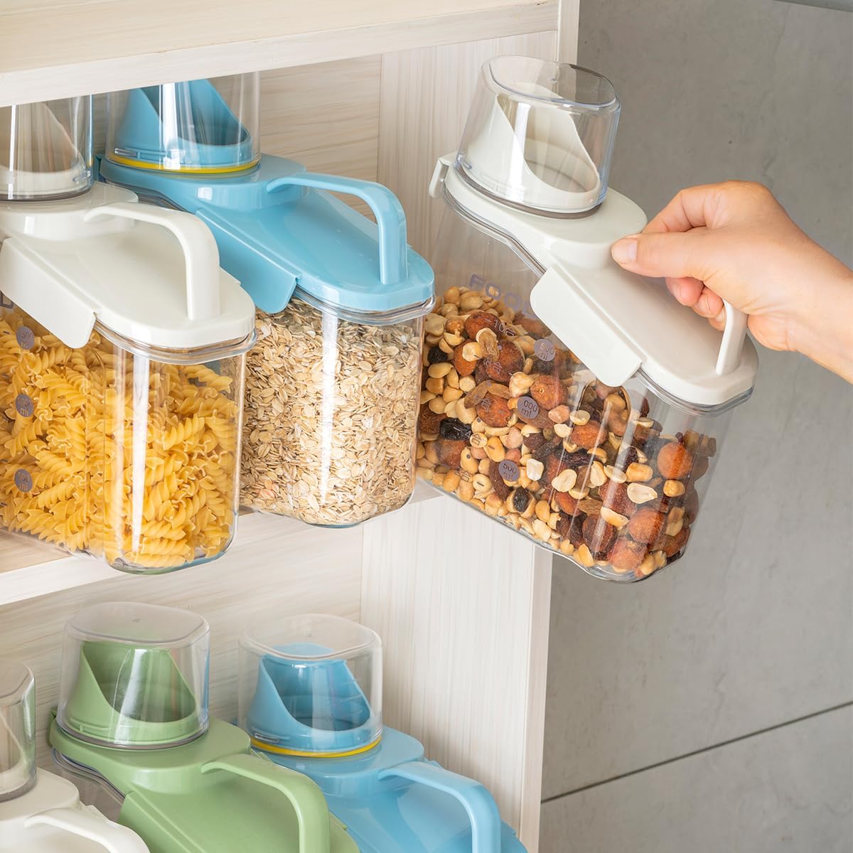 2 PCS Cereal Storage Containers, 1.5L/51oz Dry Food Rice Holder, Pet Dog Cat Food Dispenser with Measuring Cup, BPA Free Clear Plastic Kitchen Pantry Organization Bin, 1 Blue 1 White