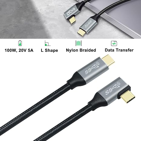 DCHAV 1.5ft 90 Degree USB C Cable 100W 4K Video Output Fast Charging 10Gbps Data Transfer 3.1 Gen 2 PD 20V 5A Nylon Braided Type C to Type C Monitor Cord Charge Phone Tablet Laptop Computer