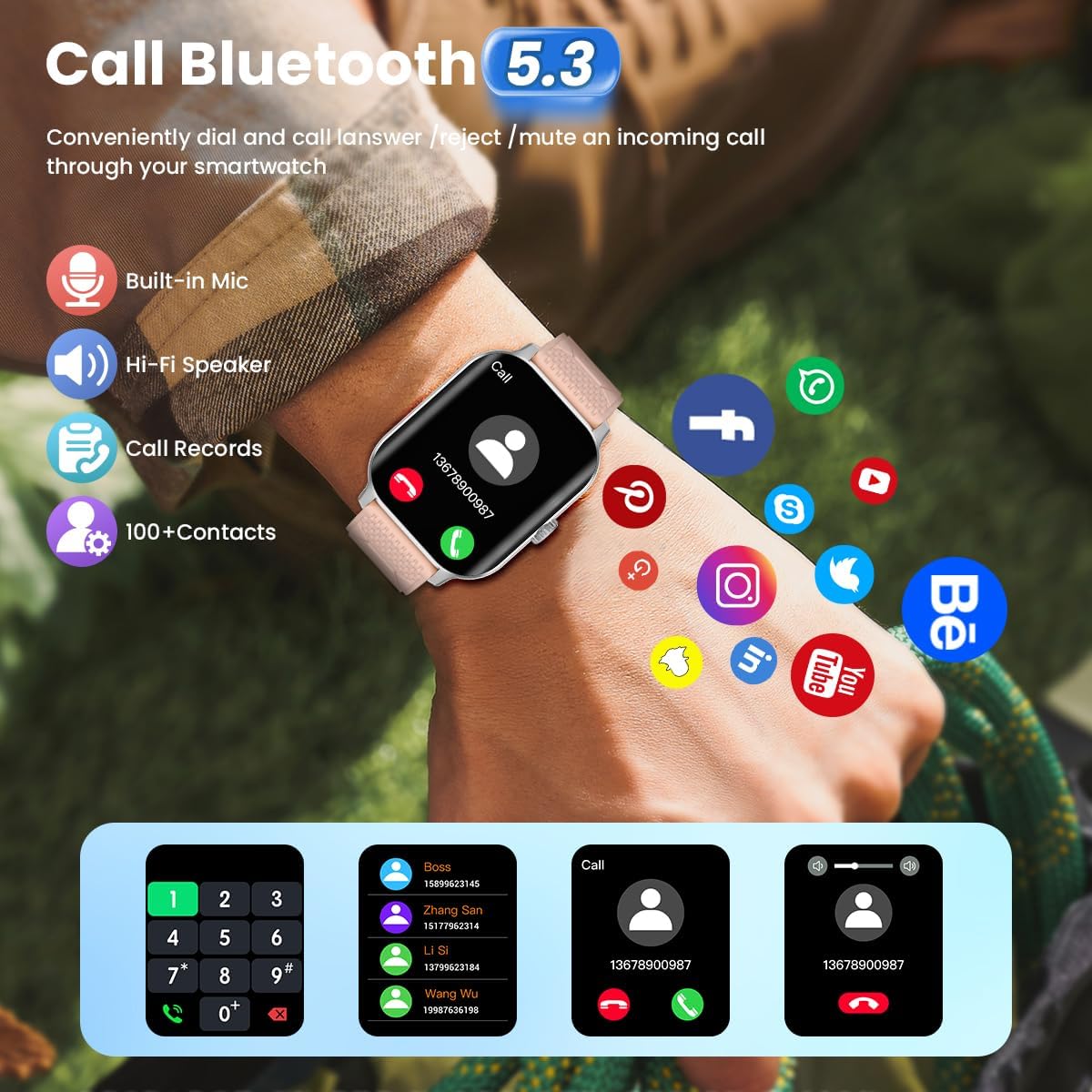 Person wearing Rogbid Smart Watch on wrist, with phone showing a call screen and various social media app icons floating around the watch.