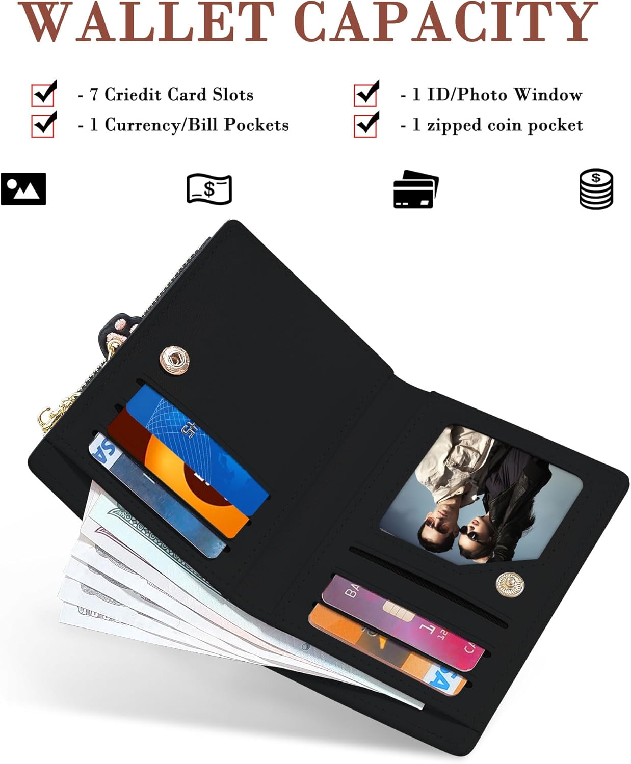 CONISY Small Wallet for Women, Vegan Leather Bifold RFID Blocking Cute Wallet with Coin Purse, Gift Ideas for Teen Girls Ladies (Cat Black) - Image 2