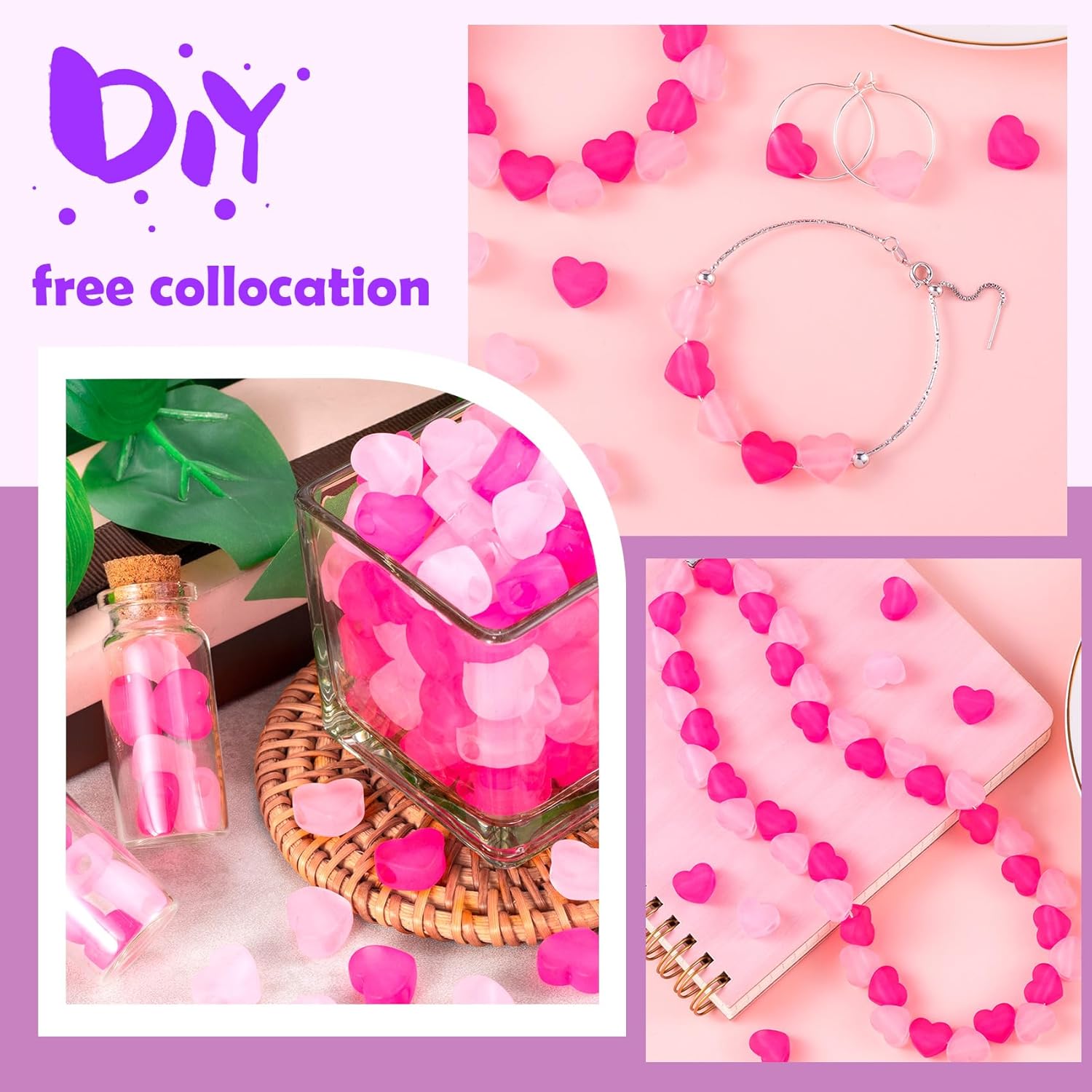 170PCS Red Pink Heart Beads, Transparent Frosted Acrylic Loose Spacer Bead, Valentine Bead DIY Supplies for Bracelets Hair Braids Jewelry Making, Christmas (5 mm Hole) - Image 6