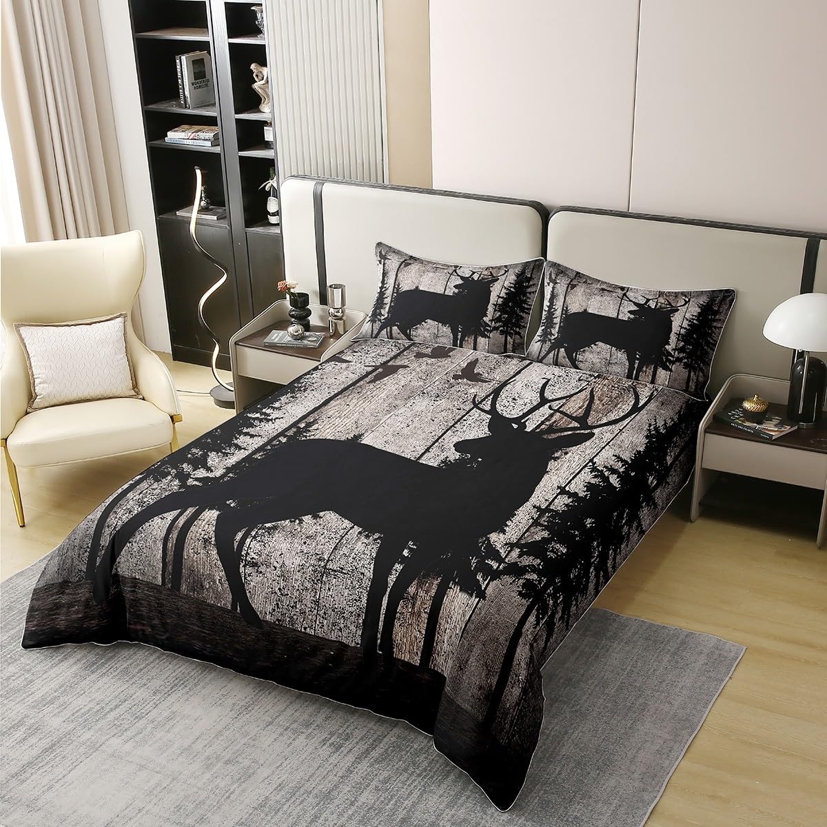 Set di biancheria da letto in cotone con copripiumino per bambini a caccia di cervi in 100% cotone, king size, con corna e corna per fattoria occidentale, colore: nero