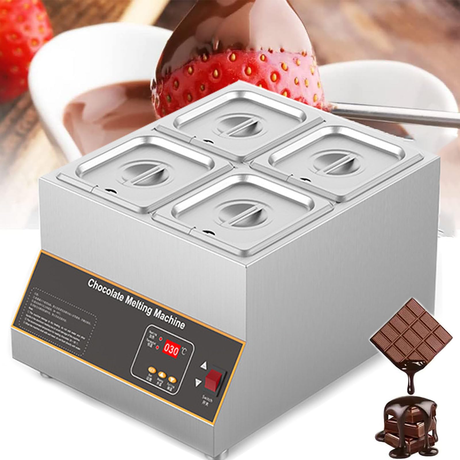 Commercial Chocolate Melter, Automatic Control Chocolate Melting Hine, 0?~95?/0?~195? Temperature Control, 500W Electric Food Warmer for Chocolate/Milk/Cream/Soup Melting and Heating,4Pot