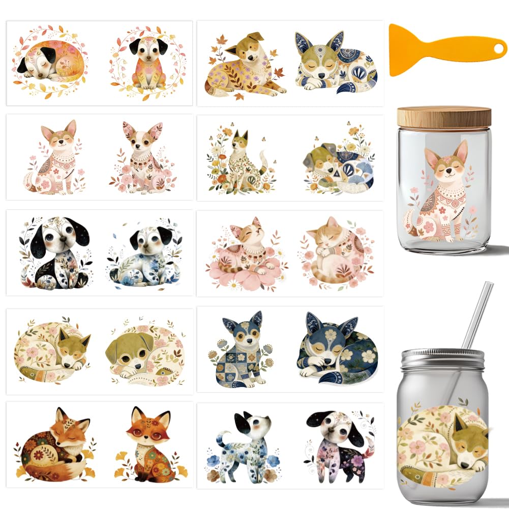 arricraft 10 Pcs Patterned Animals Theme PVC Cup Transfer Stickers, Floral Pattern Animal UV Waterproof Cup Sticker for 16 oz Glasses Window Home Printing Decoration 24x11cm