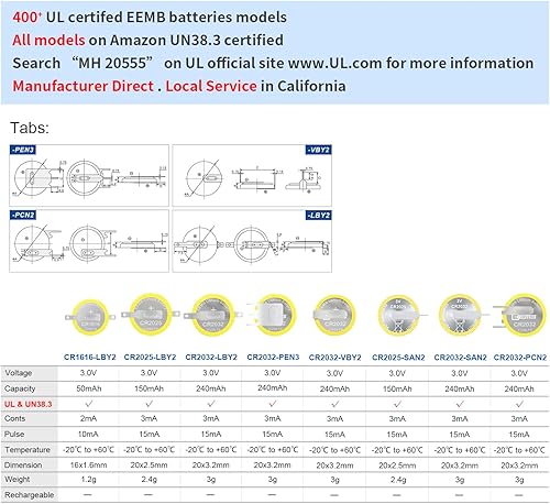 Miniatura 6 de EEMB 10-Pack CR2032 Tabbed Batteries 3V Lithium Battery Button Coin 2032 Battery with Solder Tabs CR2032 Replacement for Gameboy Save