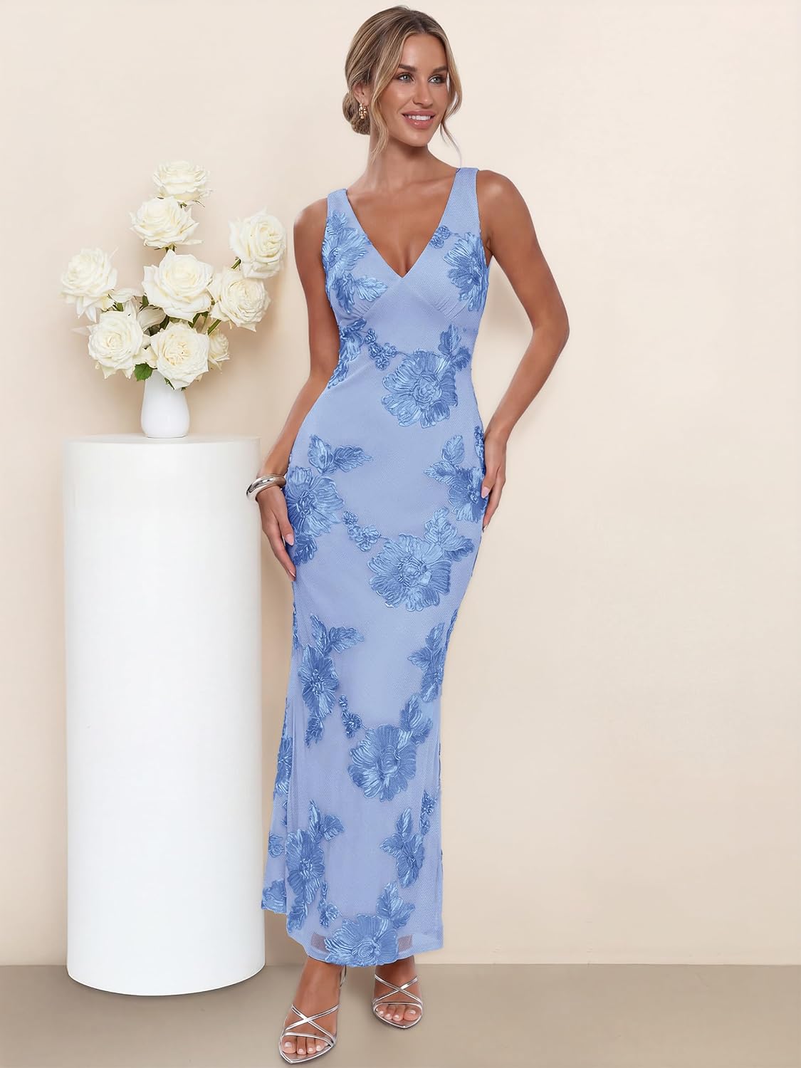 Caracilia Women Floral Maxi Dress 2026 Summer Mesh Deep V Neck Bodycon Formal Wedding Guest Cocktail Prom Party Long Dresses