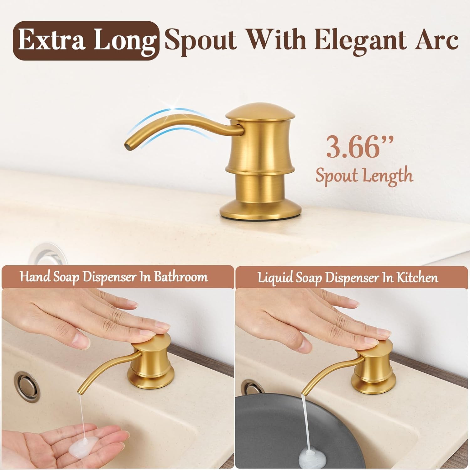 Built in Soap Dispenser for Kitchen Sink Countertop, Solid Brass Pump Head Long Spout with 10.2 Ounce PET Food Safe Material Lotion Bottle, Brushed Gold Finish - Image 3