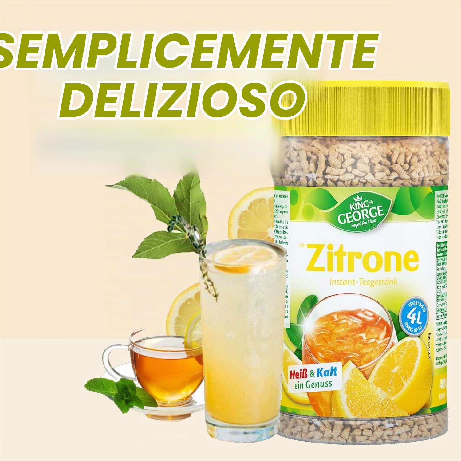 King George - Bevanda da tè istantanea al limone, 12 x 400 g, al limone, agli agrumi, con vitamina C, confezione risparmio per le briciole, per l'estate, le feste