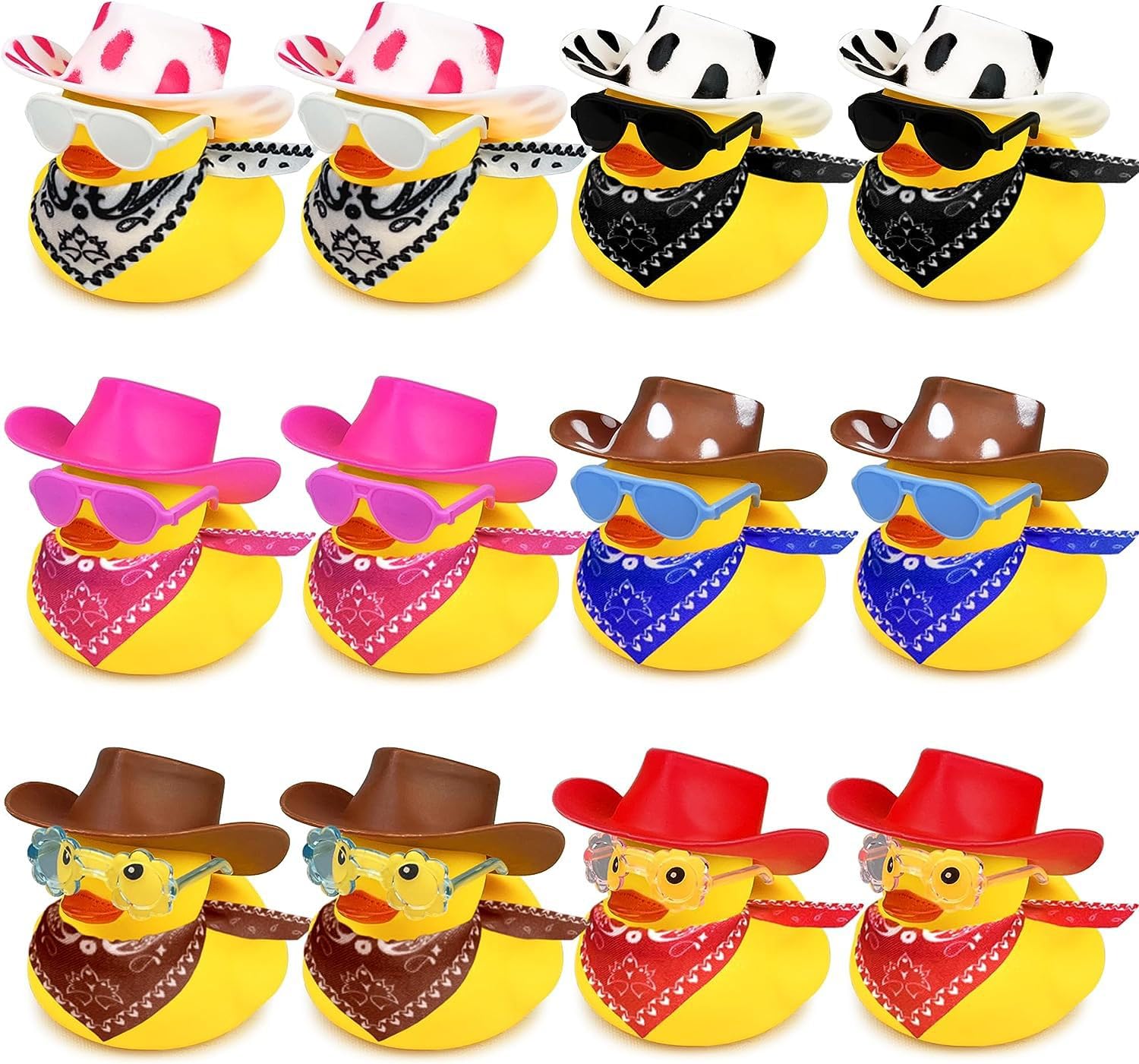 YOVECATHOU 12 Pcs Mini Rubber Ducks with Sunglasses Glasses Necklace Scarf and Hats For Summer Birthday Swimming Party (4)