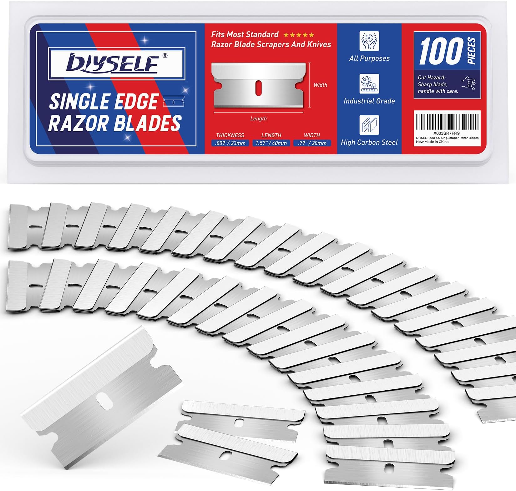DIYSELF Single Edge Razor Blades, 100 Blades, Razor Blades Refiils for Razor Scraper, Utility Knife, Heavy Duty One Edge Blades, High Carbon Steel Blade for Removing Decals, Stickers