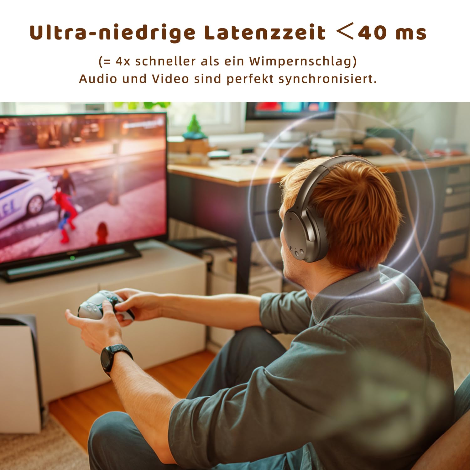 Holdsound Kopfhörer für Fernseher,TV Kopfhörer Kabellos für Senioren mit USB Verlängerungskabel Sender, 40 Stunden, Keine Verzögerung, Plug and Play, Geschenke für ältere Menschen