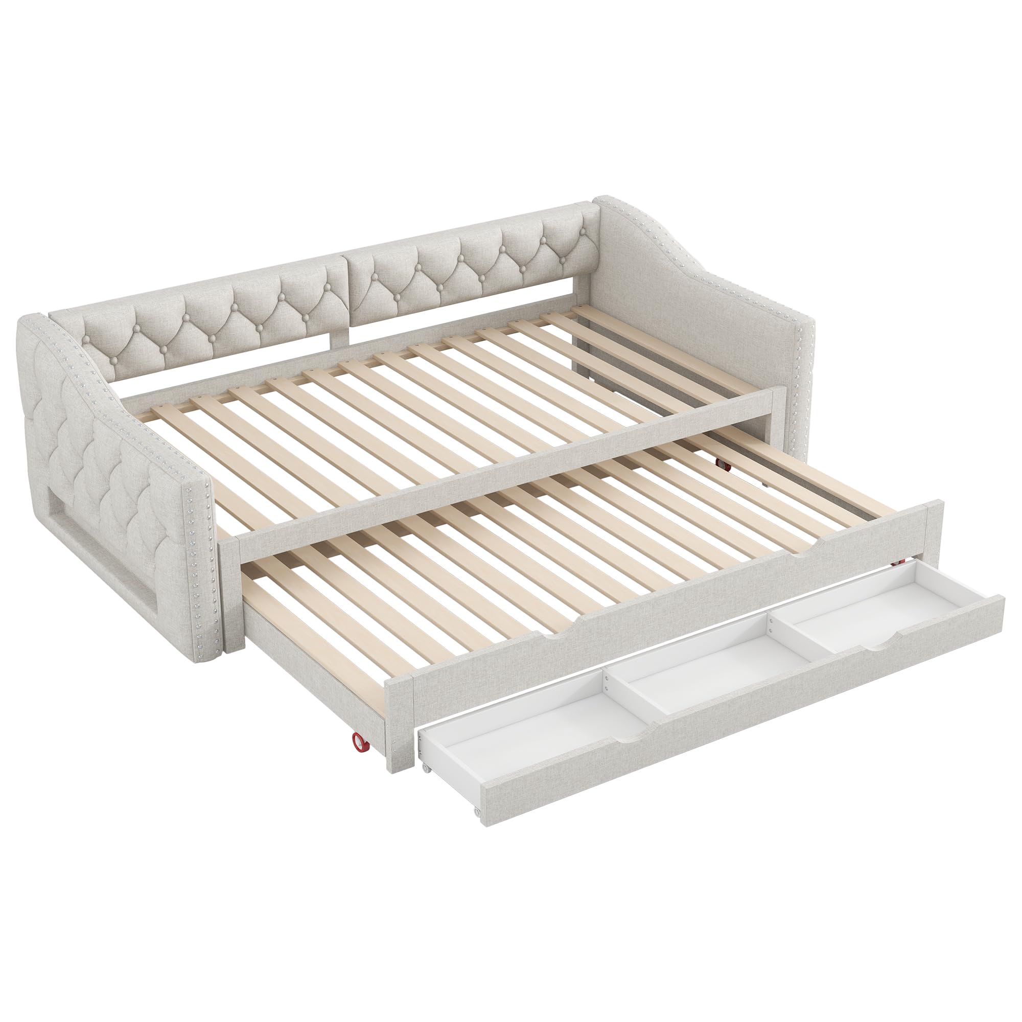 Moimhear Cama de día acolchada con luz LED, cama nido y tres cajones, sin colchón, beige, 90 x 200 cm