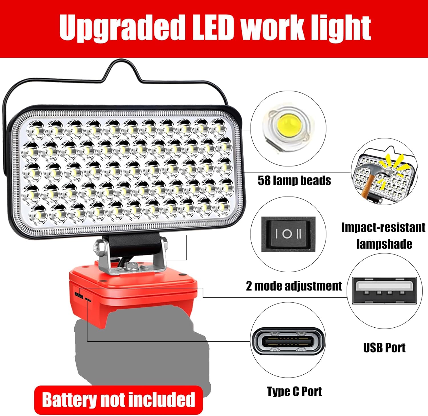 Cordless LED Work Light Compatible with Milwaukee18V m18 Battery Light,100W 9000LM Flashlight with Low Voltage Protection, USB & Type-C for Job Site Lighting, Camping (No Battery)