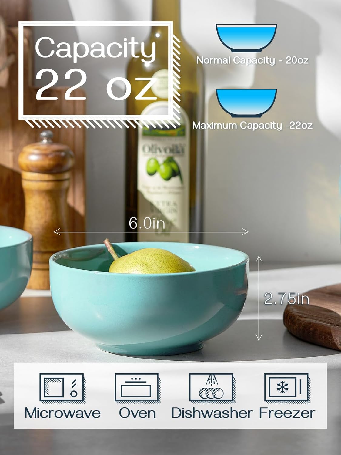 DOWAN 22 OZ Ceramic Soup Bowls & Cereal Bowls - 6" Classic Bowls Set of 4 for Soup, Cereal, Oatmeal, Fruit, Rice - Dishwasher & Microwave Safe (Turquoise) - Image 5