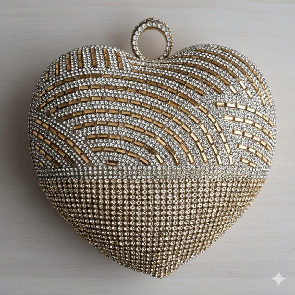 Golden Heart Shape Clutch for Women | Bridal Crystal Rhinestone