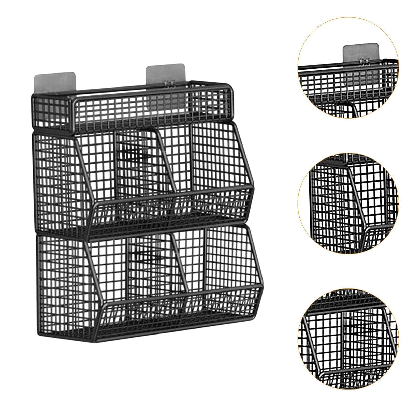 Cesta de pared – Almacenamiento de alambre de metal negro con 4 rejillas para cocina, armario, sala de estar, elegante solución de almacenamiento de pared para colgar