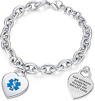 Vista 16 de Divoti Pulsera de alerta médica 316L grabada con láser profundo con dije de corazón para mujer, ajustable (se adapta a muñecas de hasta 8.5 pulgadas)