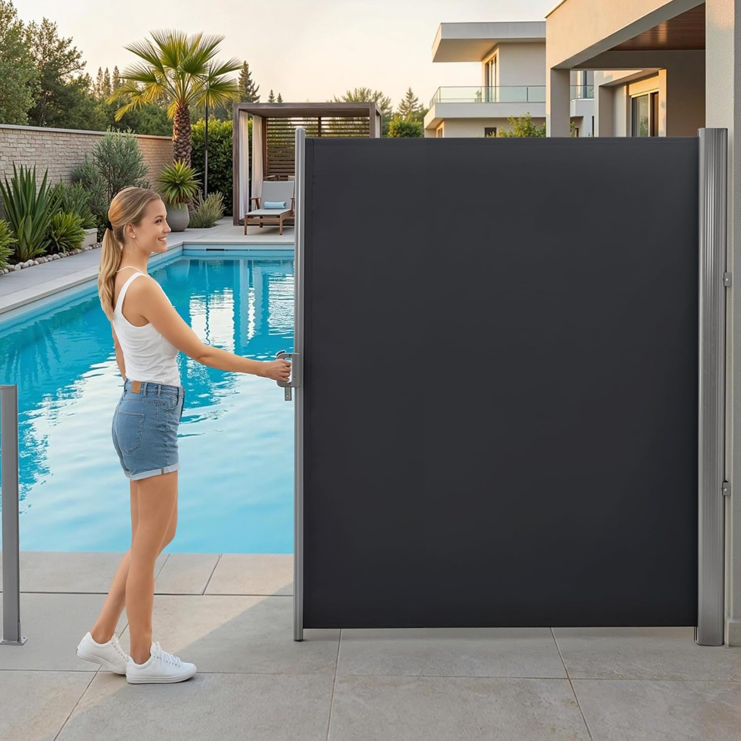 MCombo 78"x138" Aluminum Patio Retractable Side Awning, Fully Assembled Waterproof Sunshade Privacy Screen for Garden, Balcony and Pools, 4744 (Dark Grey, 78"x138")