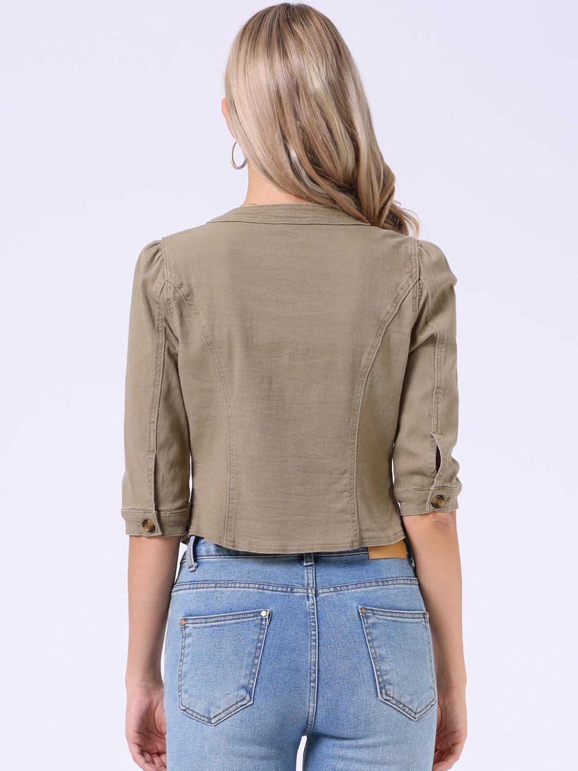 Allegra K Denim Jacket for Women's Collarless 2025 Cardigan 3/4 Sleeve Crop Jean Jackets