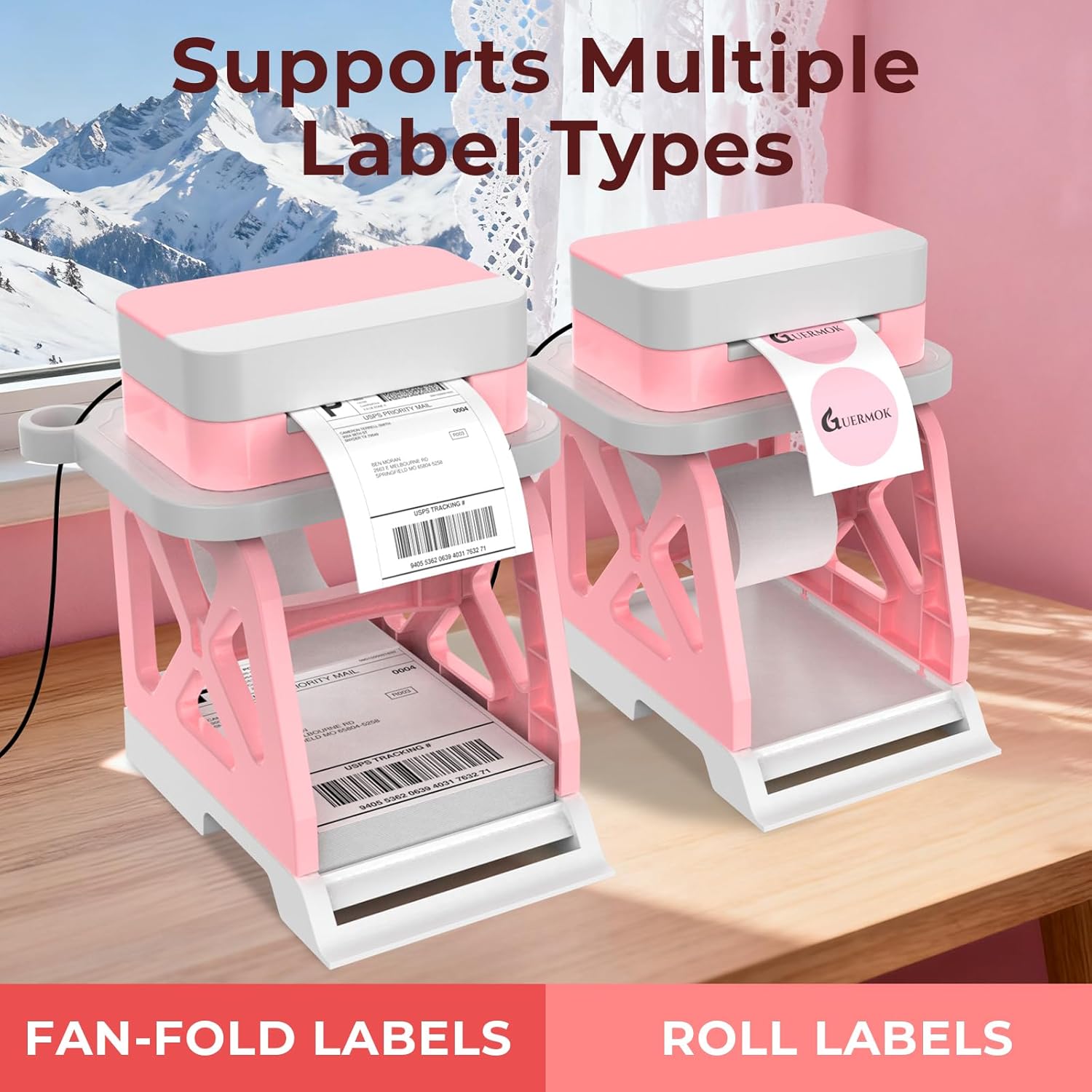 Guermok 3-in-1 Thermal Label Holder Stand for Printer Desk Organizer for Roll & Fan-Fold Labels, Cable Management, Easy Assembly for Home, Office, Retail & Small Business Pink