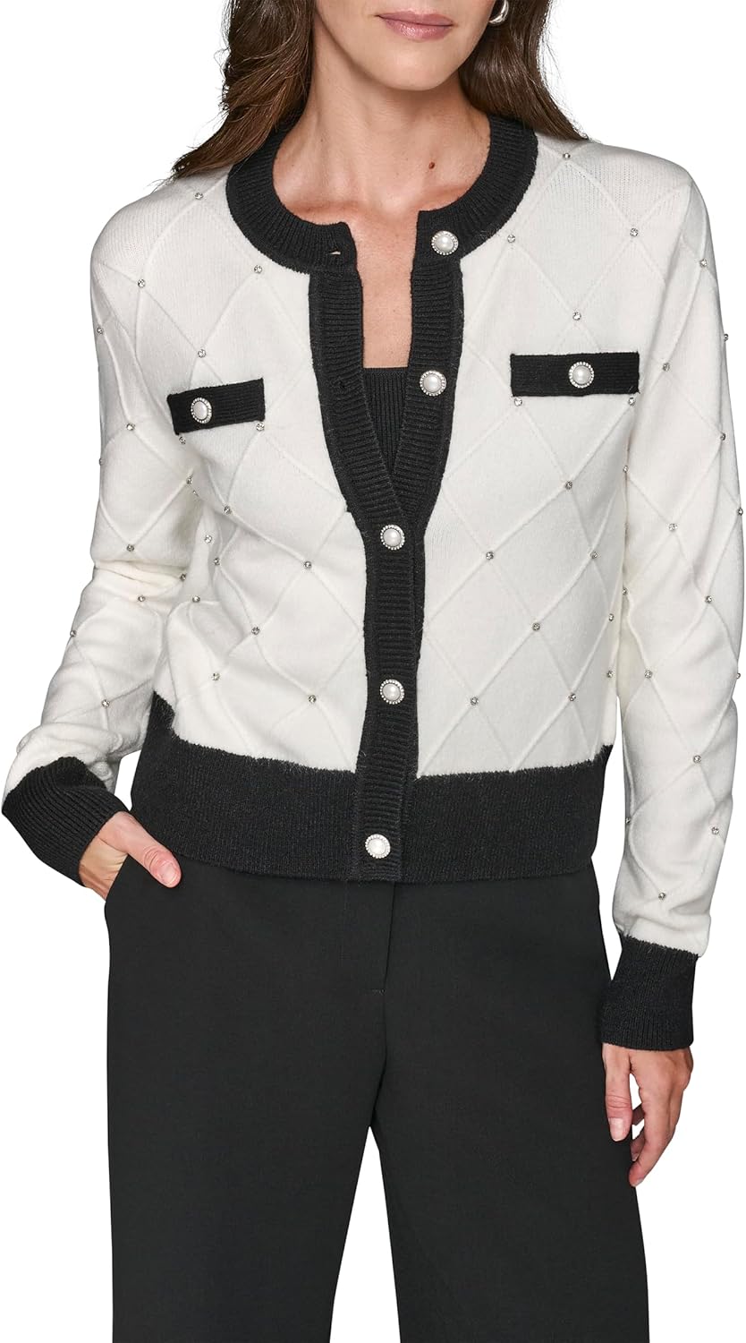 Karl Lagerfeld Womens Long Sleeve Crew Neck Crystal Detail Lady Cardigan Sweater