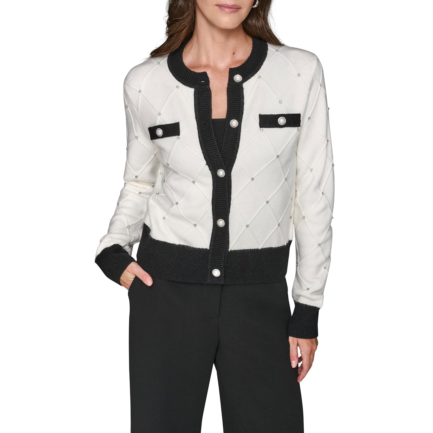 Karl Lagerfeld Womens Long Sleeve Crew Neck Crystal Detail Lady Cardigan Sweater