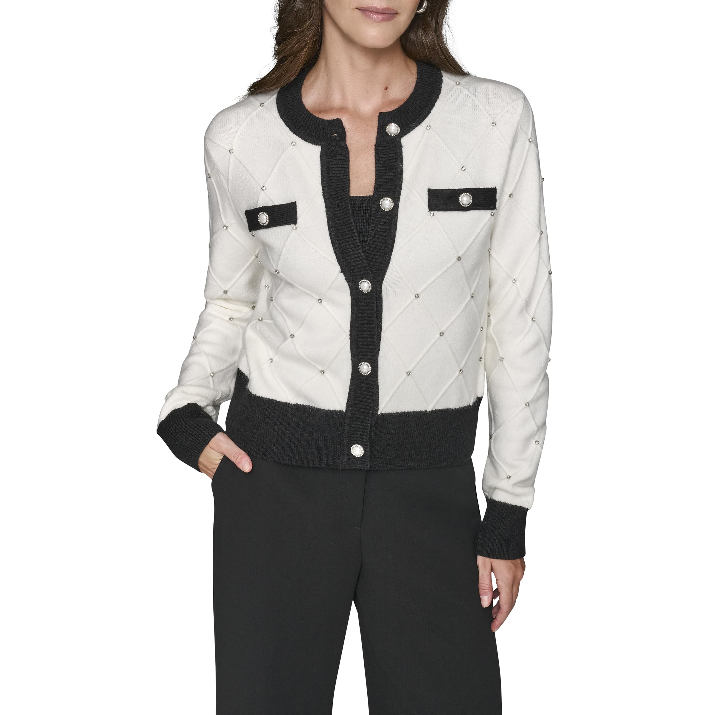 Karl Lagerfeld Womens Long Sleeve Crew Neck Crystal Detail Lady Cardigan Sweater