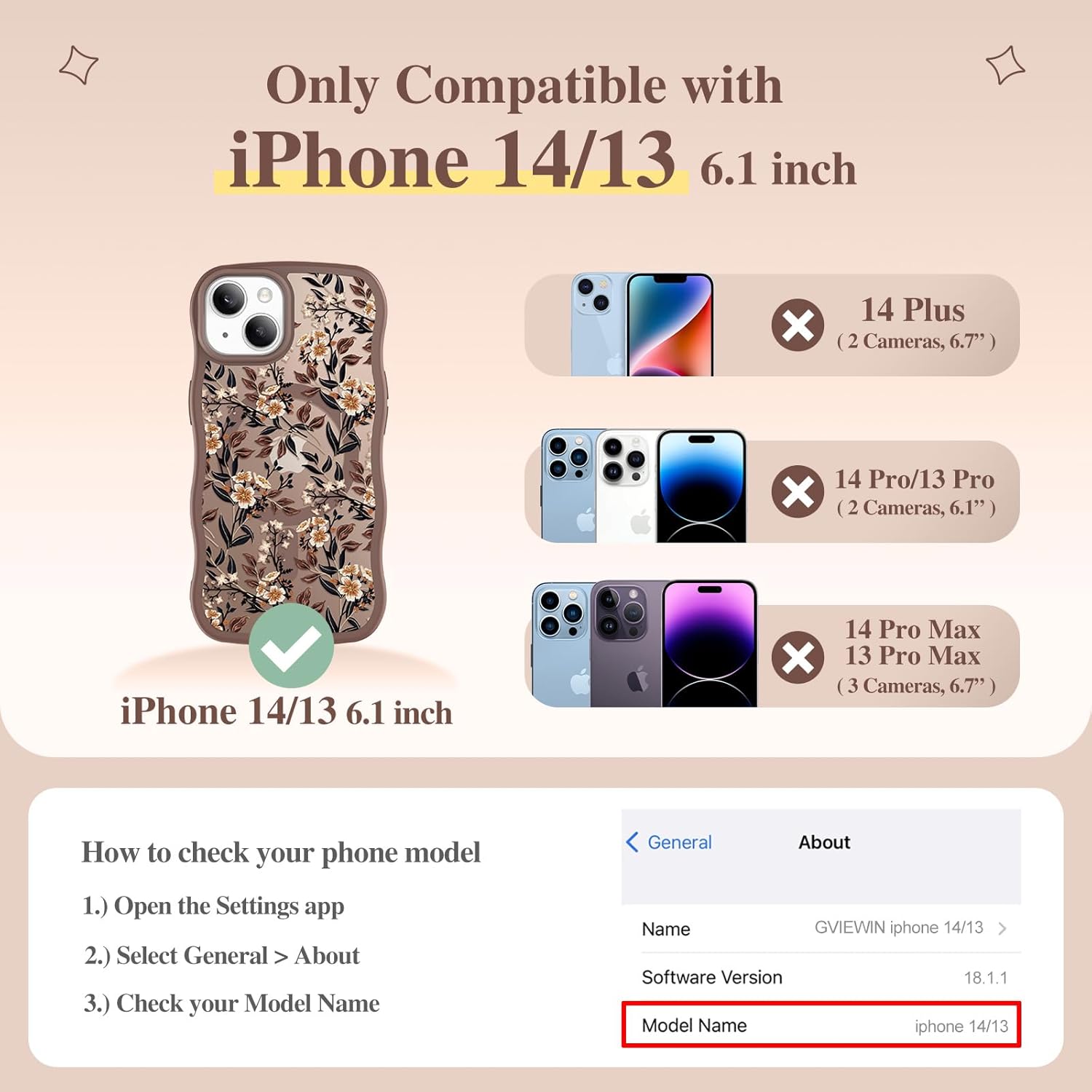 GVIEWIN for iPhone 14 Case & iPhone 13 Case Compatible with MagSafe [Curly Wave Edge] Floral Translucent Shockproof Magnetic Women Phone Case for iPhone 14/13 6.1'', Bunchflower/Brown