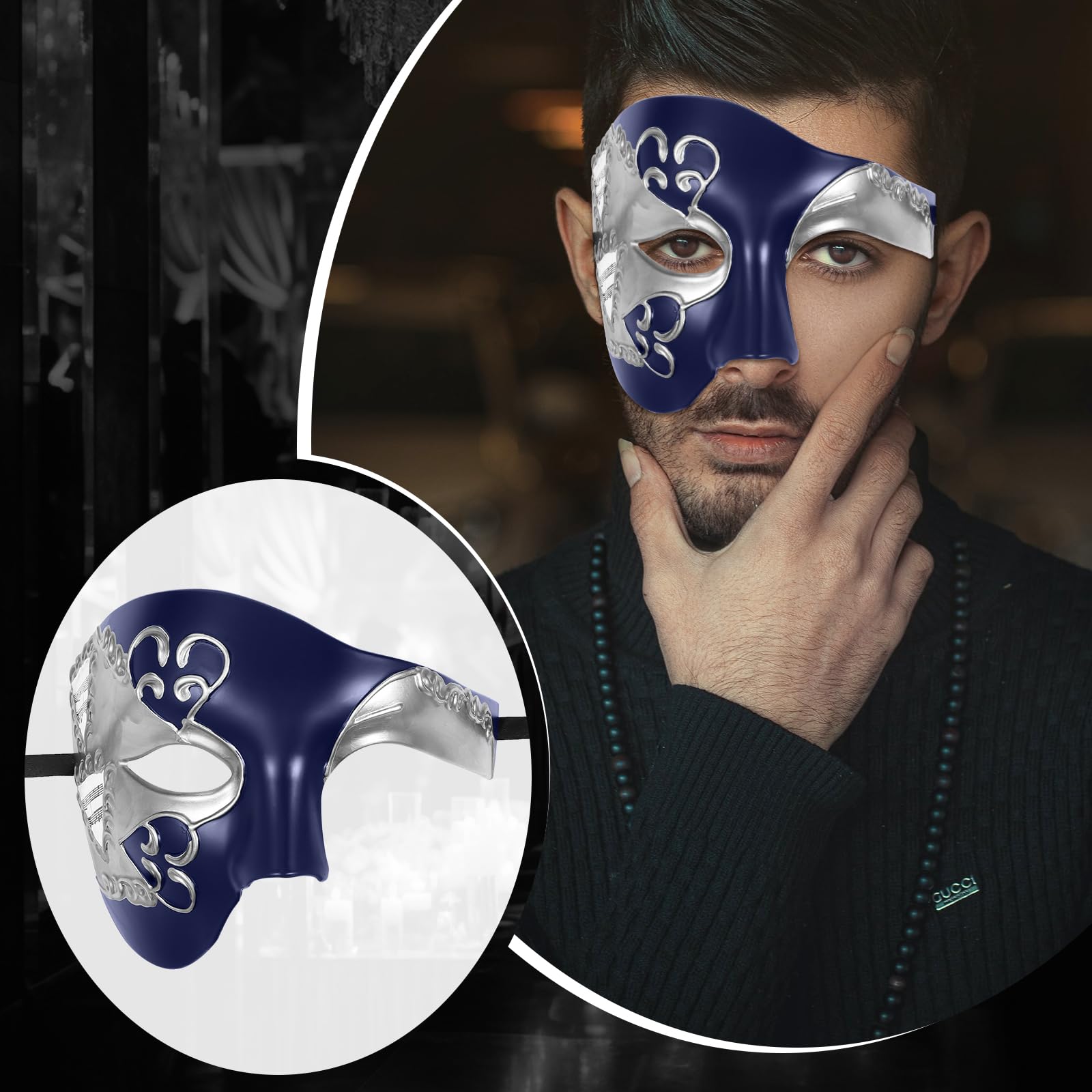 Oidea Masquerade Mask for Men: Vintage Phantom Of The Opera Mask Halloween Costume Prom Venetian Mardi Gras Half Face Party Masks Blue - Image 2