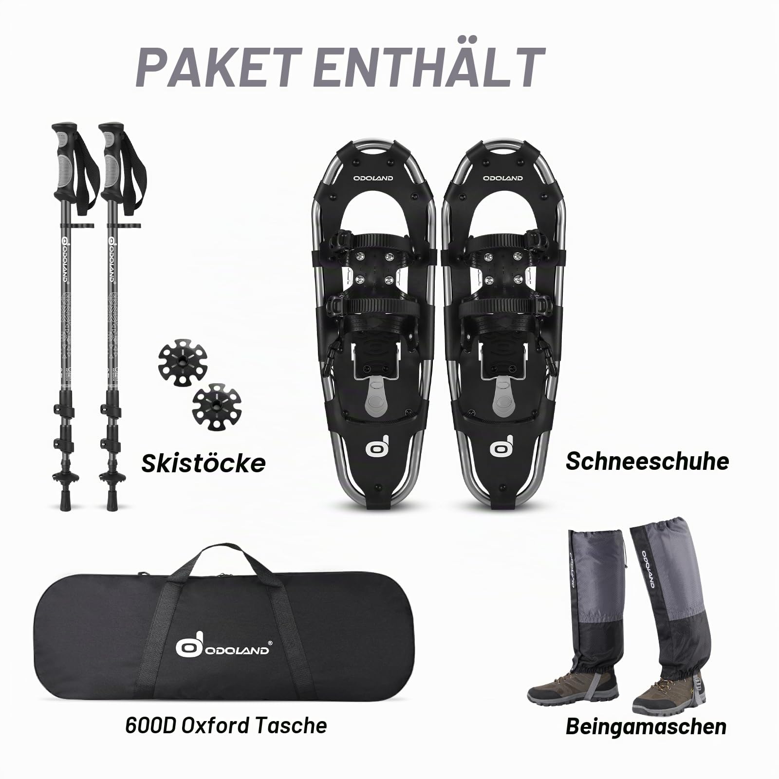 Odoland Schneeschuhe mit Steighilfe Allround 4 IN 1 für Damen und Herren mit Wanderstöcken, Wasserdichten Gamaschen und Tragetasche, ab Schuhgröße 21 INCH/ 25 INCH / 30 INCH