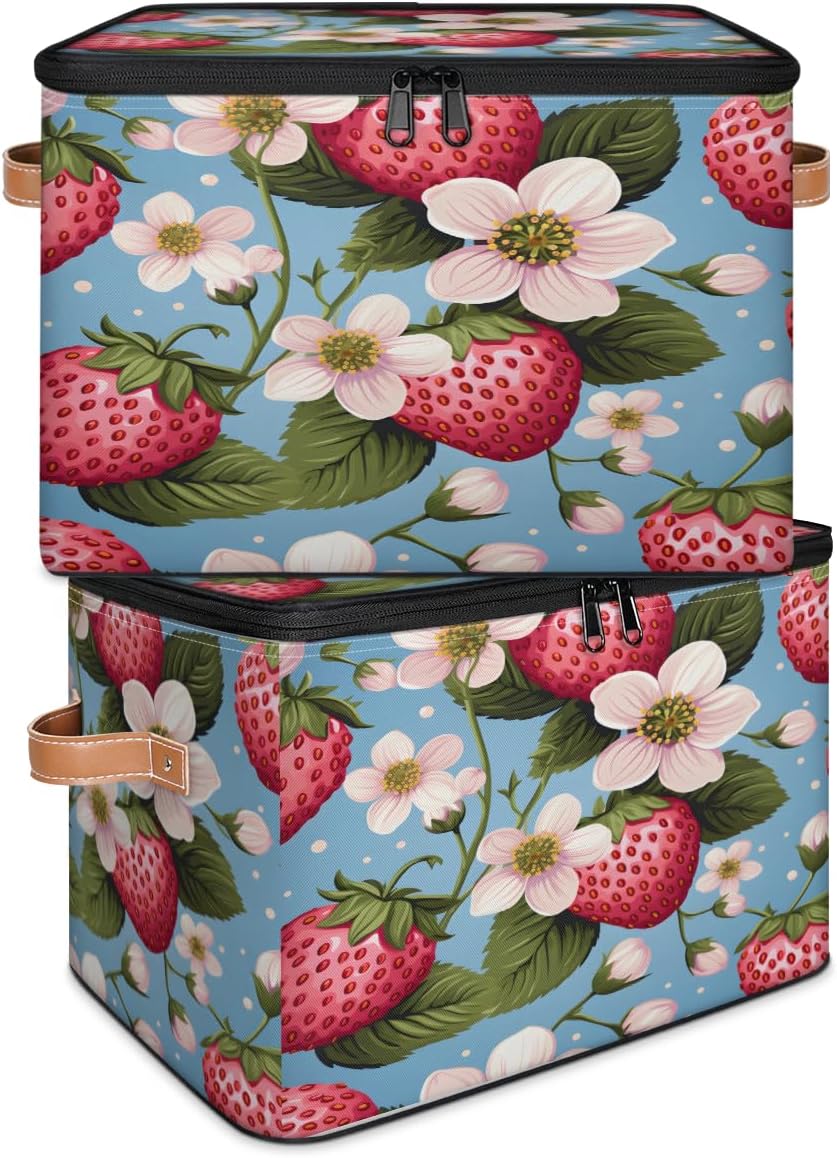 Storage Bin Set of 2 Strawberry Flower Storage Basket with Zipper Lid & Handle Foldable Closet Shelf 2 Pack Cloth Organizer Basket Cube Bins Clothes Organizer for Nursery, Bedroom