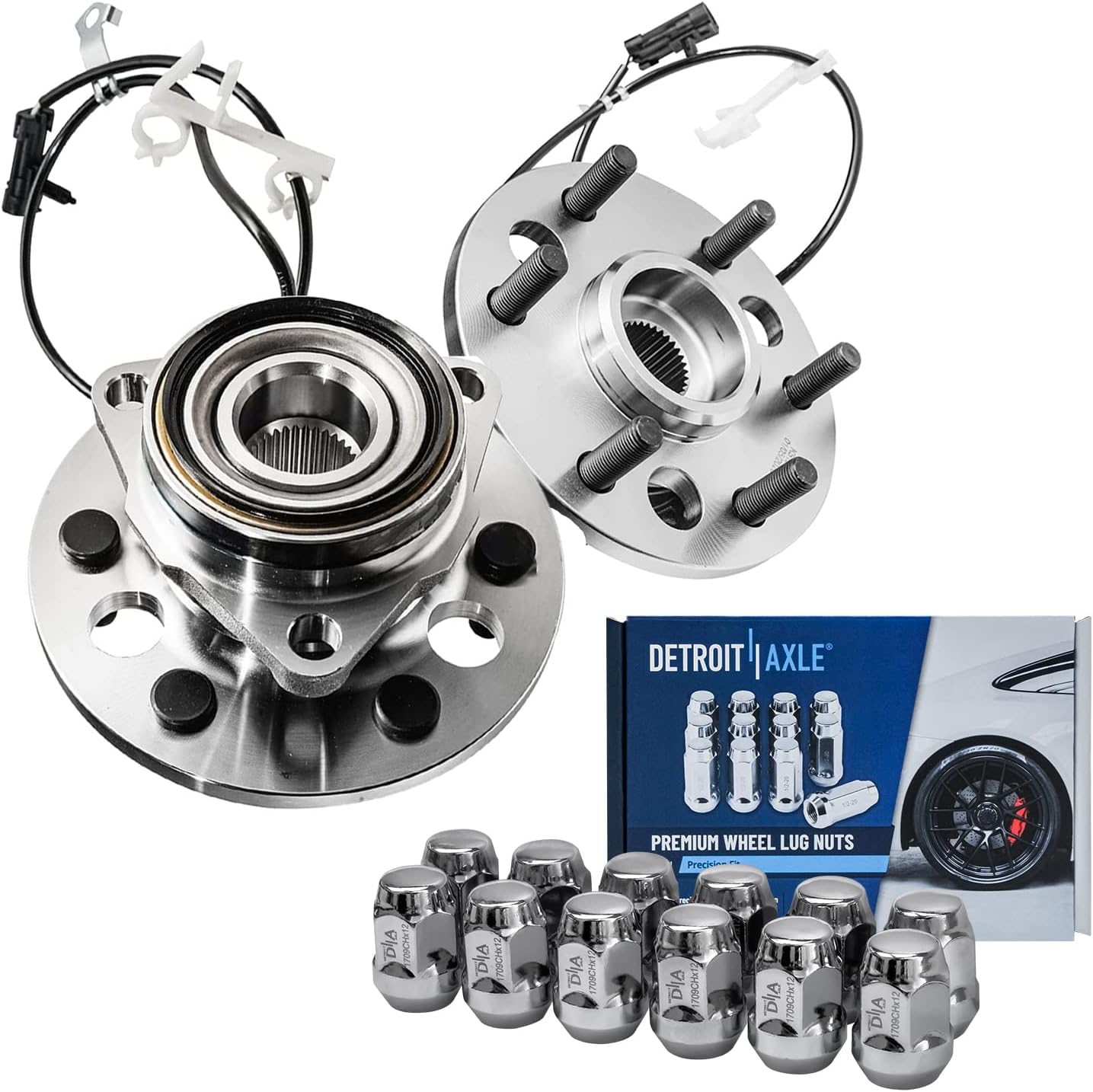 Detroit Axle - 4WD Front Wheel Bearing Hubs Kit for Chevy GMC Tahoe Yukon K1500 K2500 Suburban Cadillac Escalade, 2 Wheel Bearing Hubs Assemblies 12 Chrome Wheel Lug Nuts Replacement